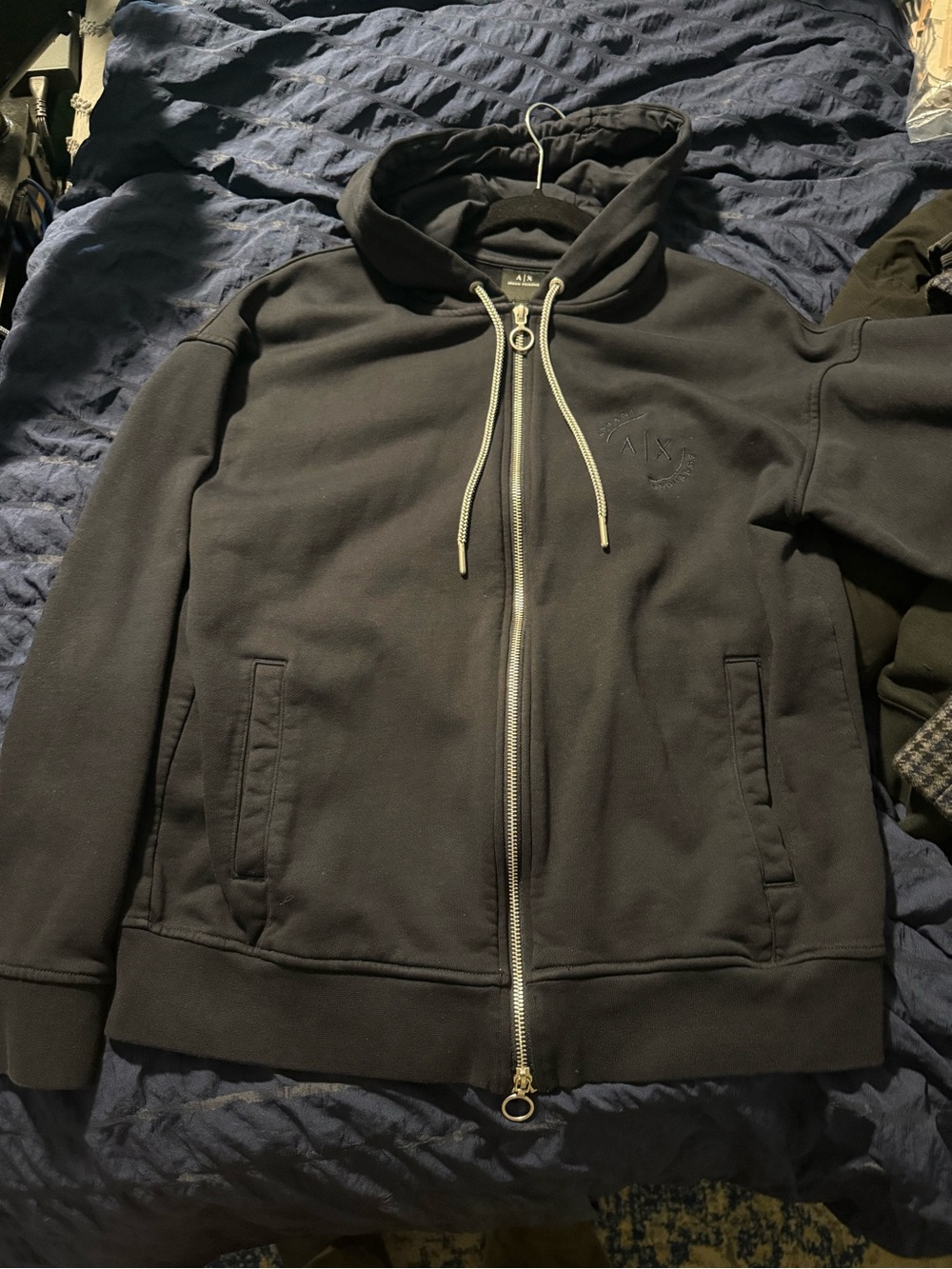 Armani Exchange Black Full-Zip Hooded Jacket with Contrasting Drawcords